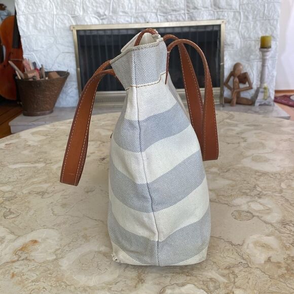 Fossil Austin Cream Blue Stripe Coated Canvas Leather Nautical Tote Shoulder Bag - Picture 5 of 15